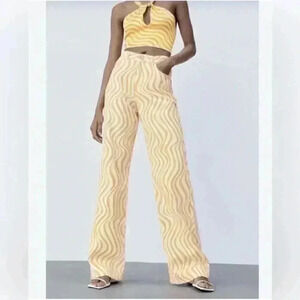 Zara High Rise Full Length Wide Leg Printed Orange/white jeans size 2